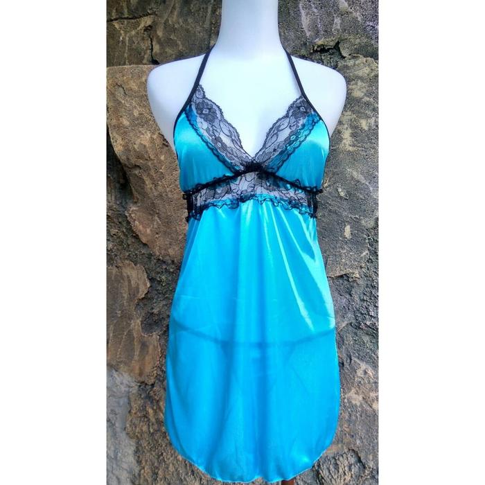 Sexy Lingerie Baju Tidur Satin Chiffon Biru Transparan + GString