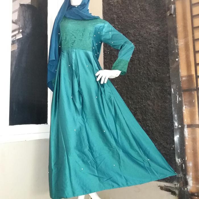 Gamis Satin Mewah Hijau PL Preloved Muslim Dress Wanita Lebaran Maxi