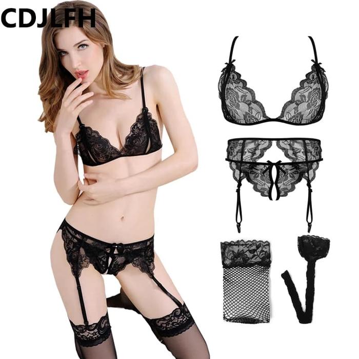 Lingerie Bra Set Komplit Bra G String Garter Stocking jaring hitam