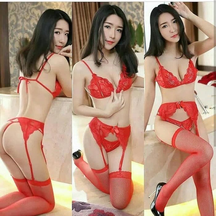 Lingerie Bra Set Komplit Bra G String Garter Stocking jaring merah red