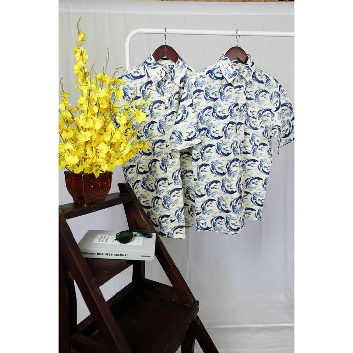 Kemeja Pria Putih Motif Ombak Jepang