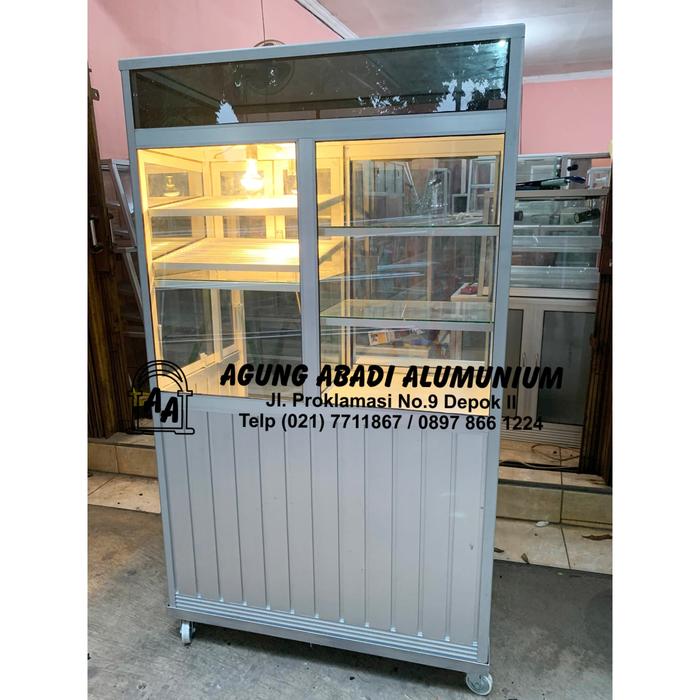 Etalase gerobak alumunium ayam fried chicken 100cm lengkap dengan lampu pemanas