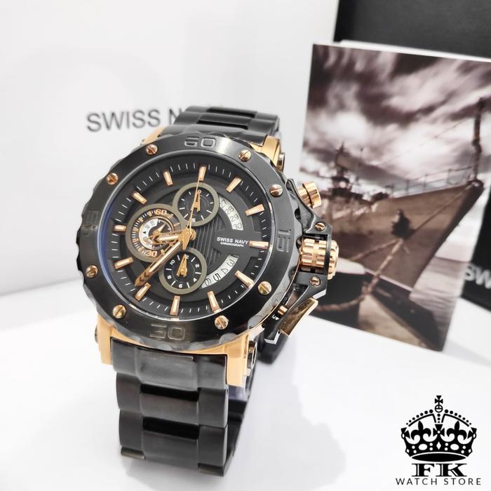 Jam Tangan Swiss Navy 8932 Black Rosegold Chronograph Aktif ORIGINAL
