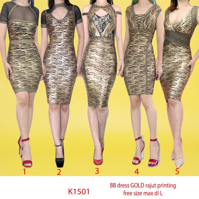 KODE K1501 Mini dress BB Gold Bahan Rajut Printing Import