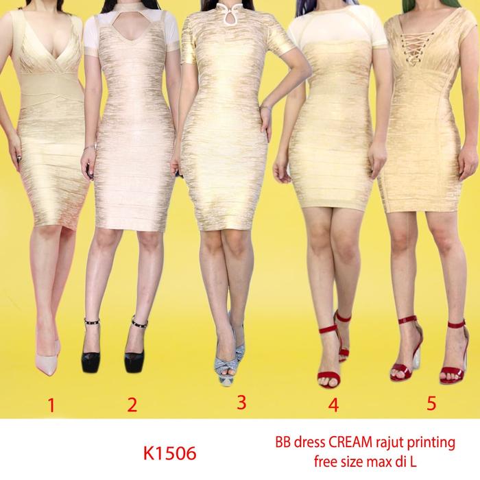 KODE K1506 Mini dress BB cream gold Bahan Rajut Printing Import