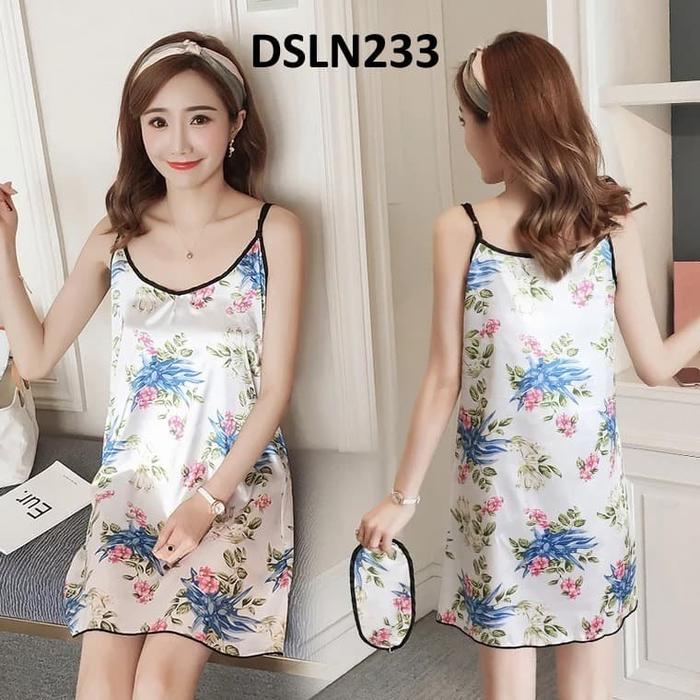 Daster Tanktop Satin Flower Pink White
