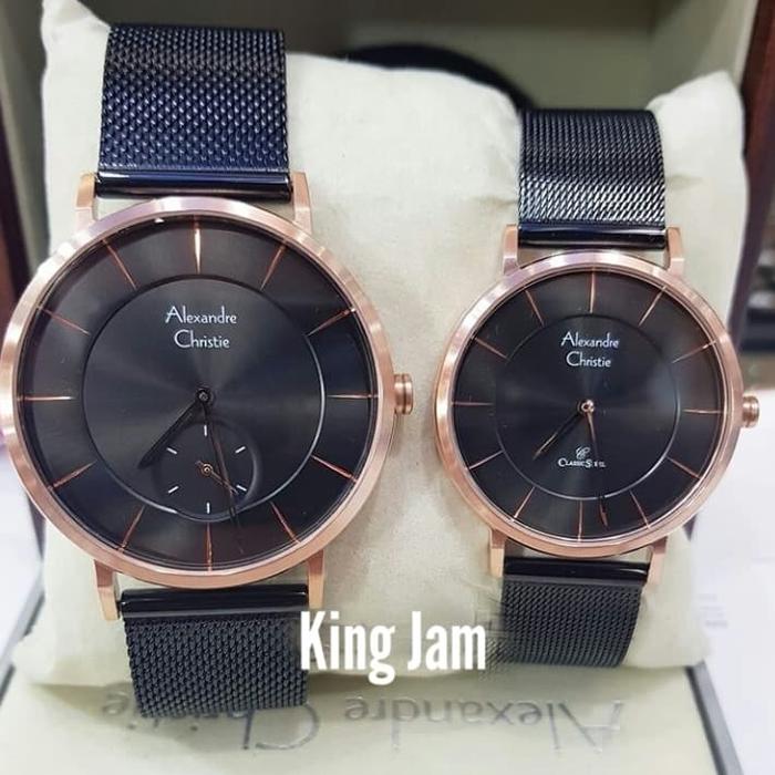 Jam Tangan Couple Alexandre Christie AC 8586 Original Black Rosegold