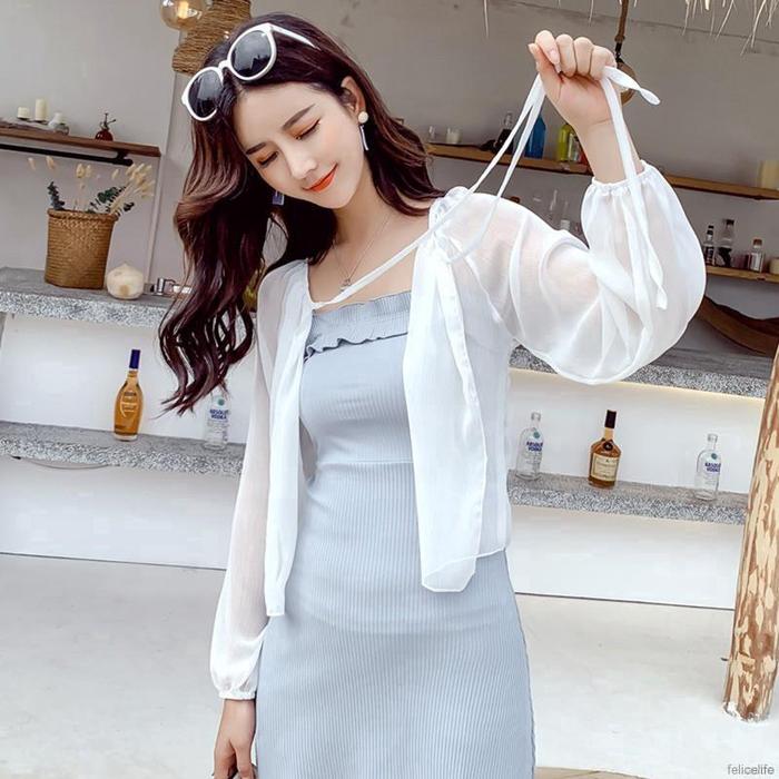 Cardigan Kimono Sifon Longgar Lengan Panjang Warna Polos untuk Wanita