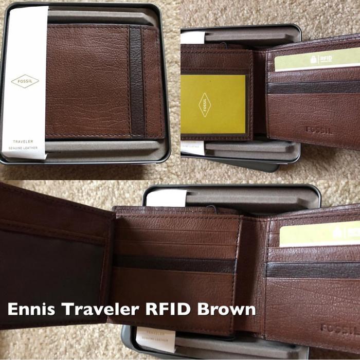 Fossil Ennis Men Traveller RFID Brown Wallet With Tin Box