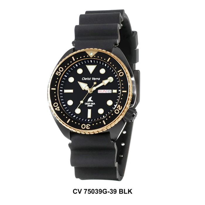 JAM TANGAN CHRIST VERRA CV 75039G-39 PRIA BLACK RING GOLD RUBBER ORI