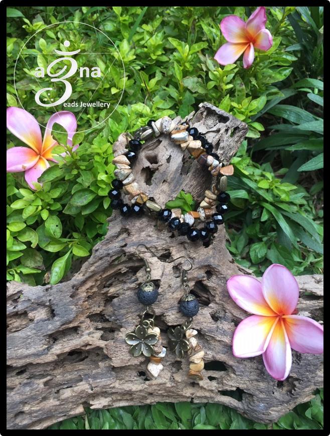 Set Gelang Anting Etnik - Batu Pecah Brown Jasper & Czech Crystal