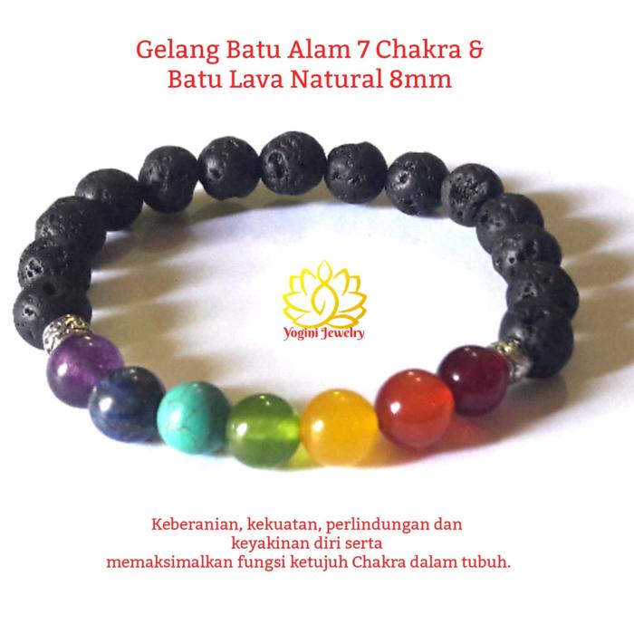 Yogini Jewelry Gelang Lava Stone / Batu Lava & Batu 7 Cakra / Chakra Asli 8mm Natural