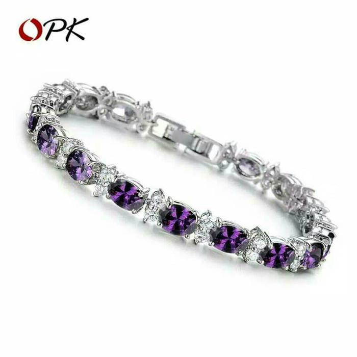 Gelang Titanium Stainless Lapis Emas Anti Karat Model Permata Ungu