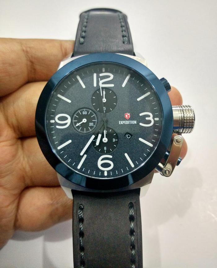 Jam Tangan Pria Expedition E6339 6339 SILVER NAVY Black Leather ORI