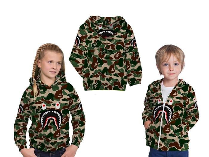 PROMO!!! Jaket Anak Hoodie Zipper Karakter Bape Shark Camo Face Army