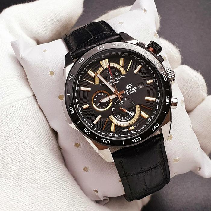 Jam Tangan Pria Casio EDIFICE EFR-520L-1A EFR-520 Chronograph Silver Black Leather