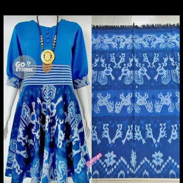 dress tenun ayam Ntt biru kombinasi