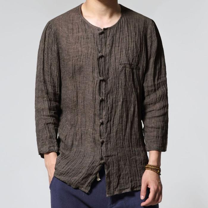 Kemeja Pria Casual INCERUN Vintage Button O-neck 3/4 Sleeve Baju Koko