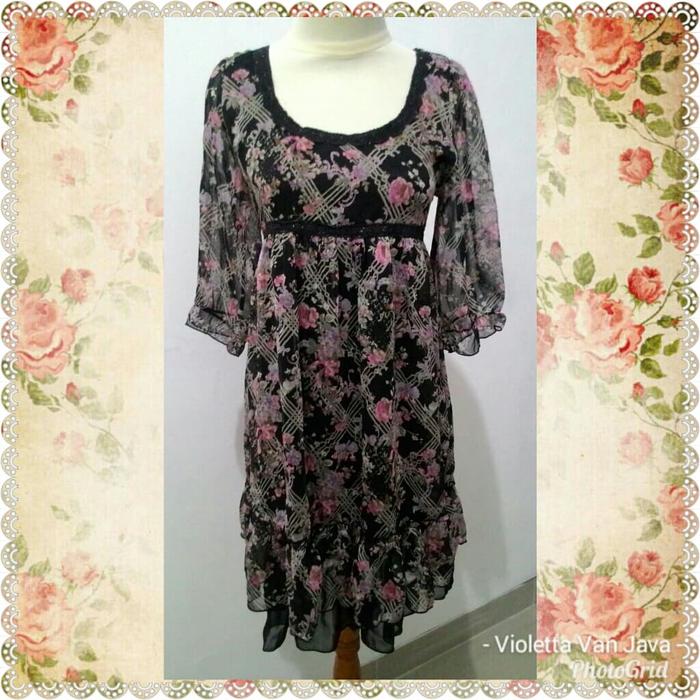 Mini dress kawai black hitam shabby flower vintage Petite Flute