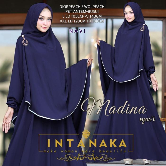 Gamis Syari Navy MADINA Size L ori INTANAKA Set Khimar Wolfis