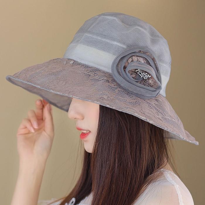 Women Polyester Floral Transparent Wide Brimmed Bucket Hat Sun