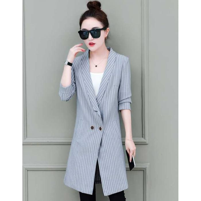 Coat wanita korea motif salur import katun elegant grey abu2