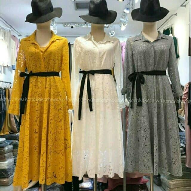 LONG TUNIK MINI MIDI DRESS BRUKAT KUNING/ PUTIH/ ABU KIARA LACE VISSY