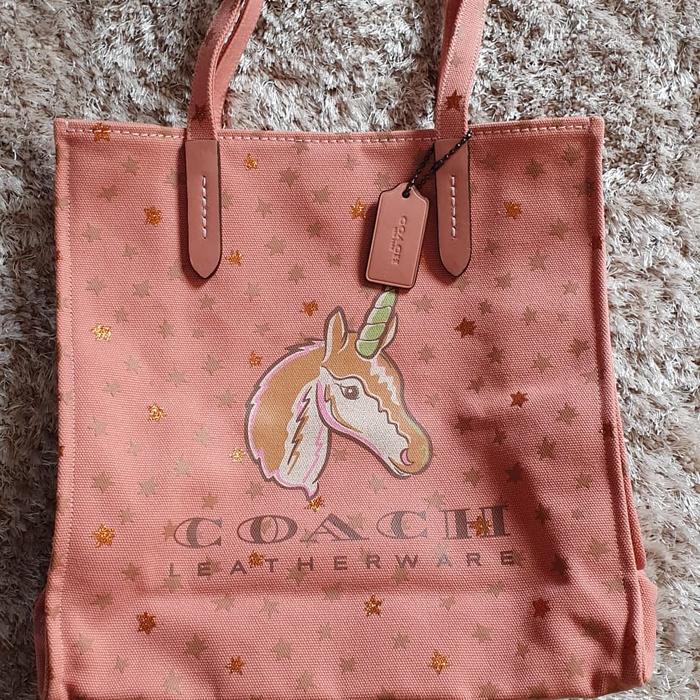 coach 26971 melon canvass leather unicorn bag shopper purse tote