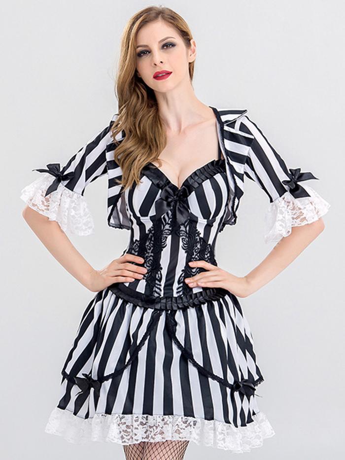 New Halloween Sexy Vampire Cosplay Costume Wanita Striped Lace