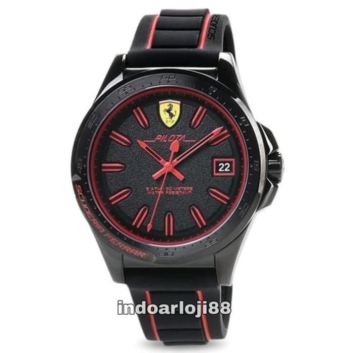 SALE! Jam Tangan Pria Scuderia Ferrari 0830421 Pilota BLack Silicone Strap