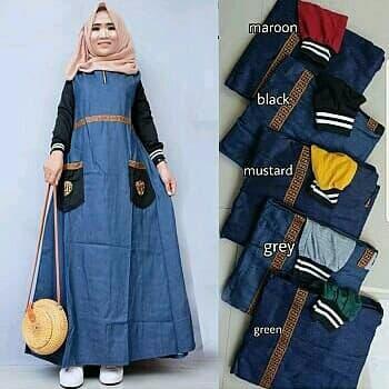 TUNIK MAXI DRESS WANITA MUSLIM KATUN DENIM LENGAN HITAM FAFE MAURIN