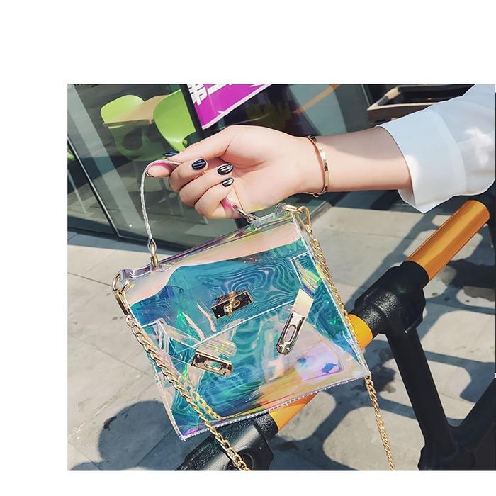 Tas Selempang wanita Transparan Metalic Hologram TM02 Kotak hand bag
