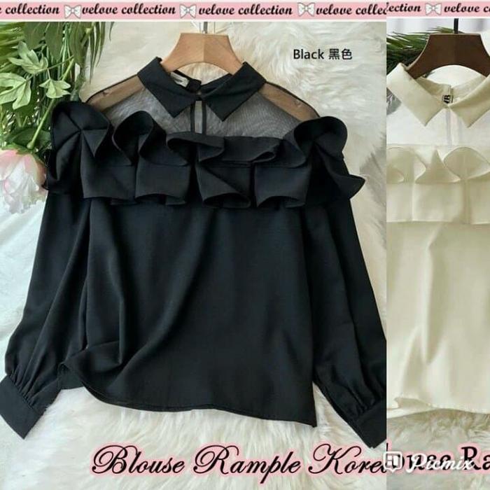 Blouse korean Putih Hitam Rample twiscone kombinasi tile Transparan