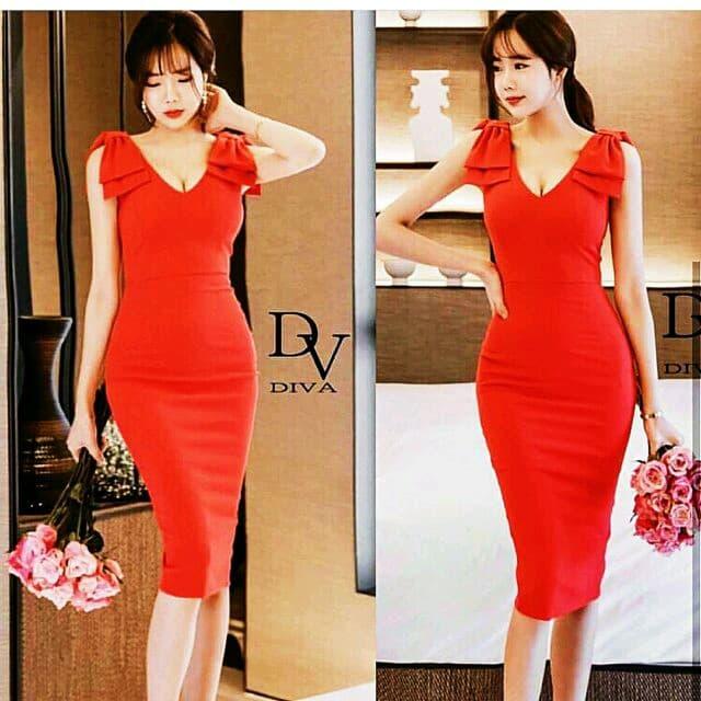 MINI MIDI DRESS IMLEK SCUBA IMPORT MERAH DIVA JURE