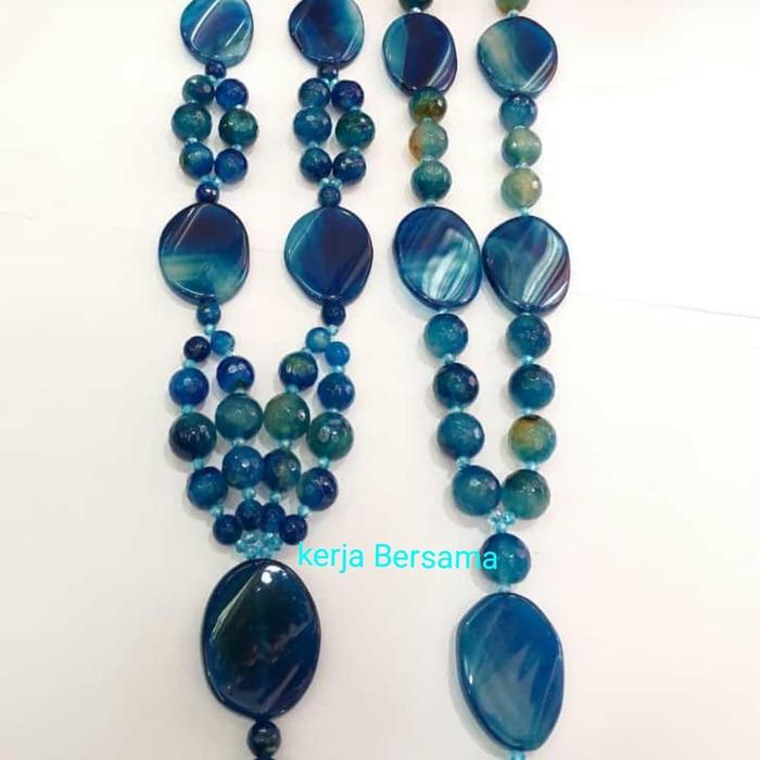 kalung batu akik cutting biru liontin pipih