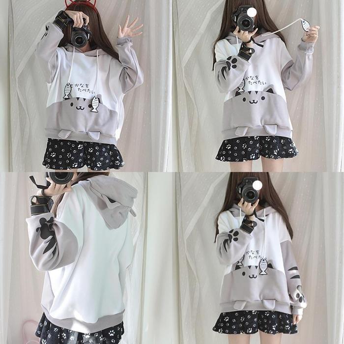 Japan Fish Hoodie Karakter Kucing Jepang Jaket Mantel Lucu Kawaii Neko Fleece Tebal Wanita Perempuan