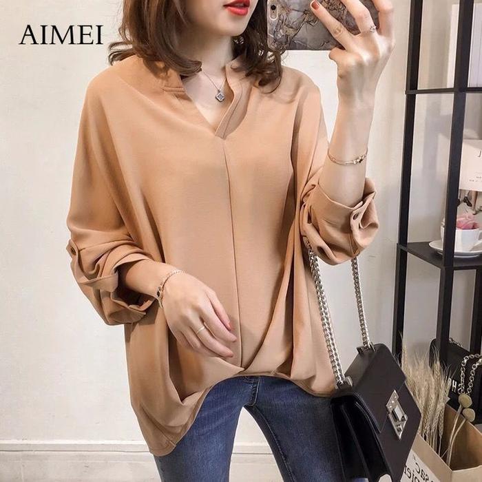 Kemeja Blouse Wanita Model V Neck Longgar Warna Polos Bahan Sifon