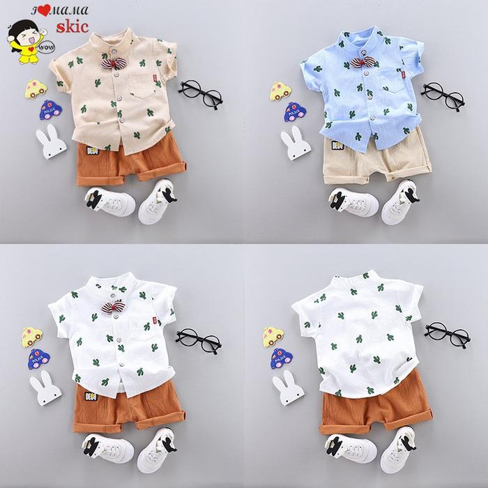 Set 2Pcs Kaos T-Shirt Casual Gambar Kartun Kaktus dan Celana Pendek