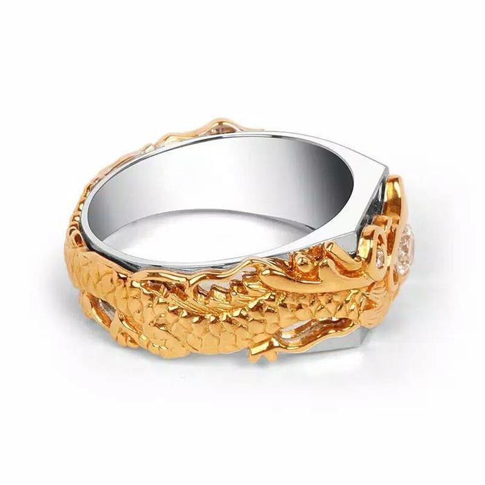 Silver Ring Gold Dragon Motif With Rhinestone