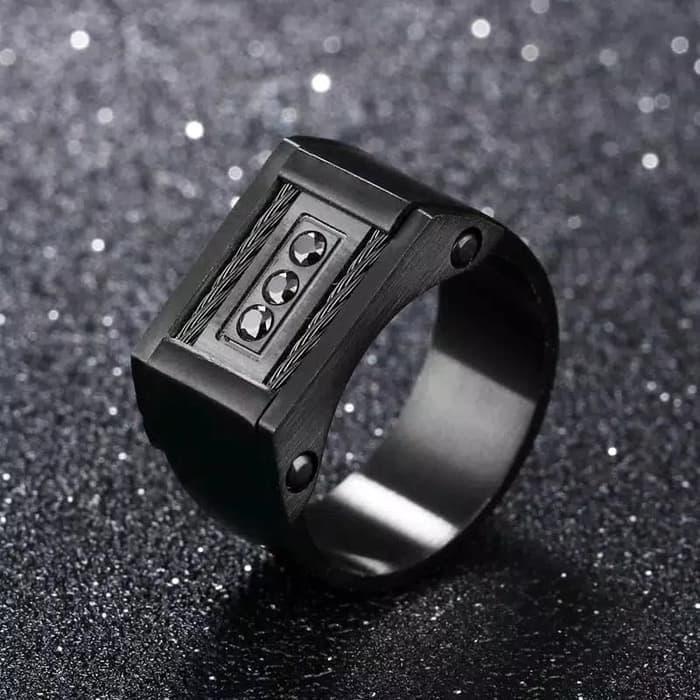 Cincin kawat titanium Steel hitam kalsik mewah cincin pria wanita