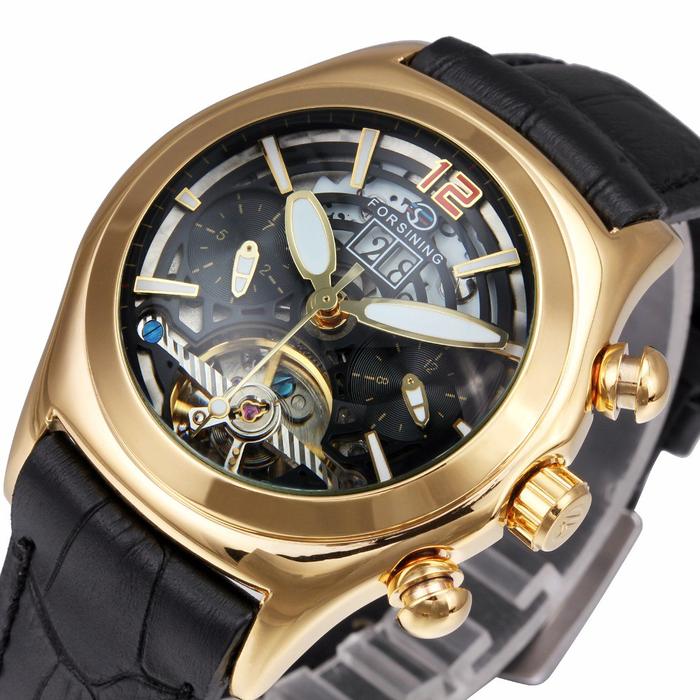 FORSINING Pria Jam Tangan Mekanik Mewah Tourbillon Kulit Kalender