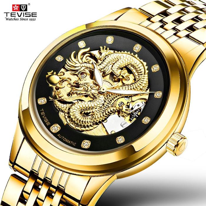 TEVISE 9006 Jam Tangan Mekanik Otomatis Mewah Warna Gold Naga