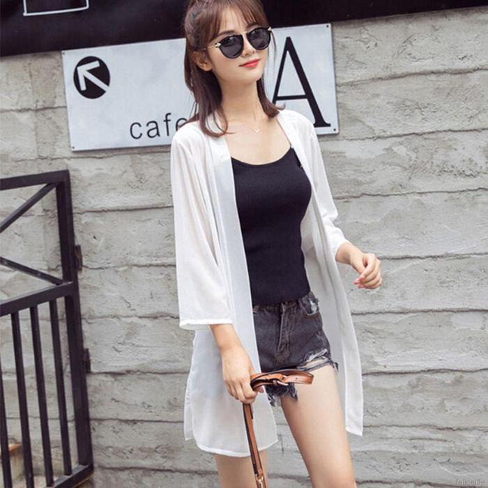 Cardigan Panjang Medium Lengan 3 / 4 Bahan Sifon Warna Polos