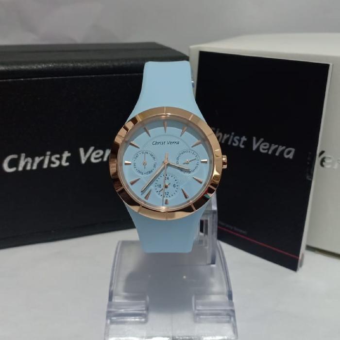 JAM TANGAN CHRIST VERRA CV 71613L-35 WANITA ROSEGOLD LIGHT BLUE ORI