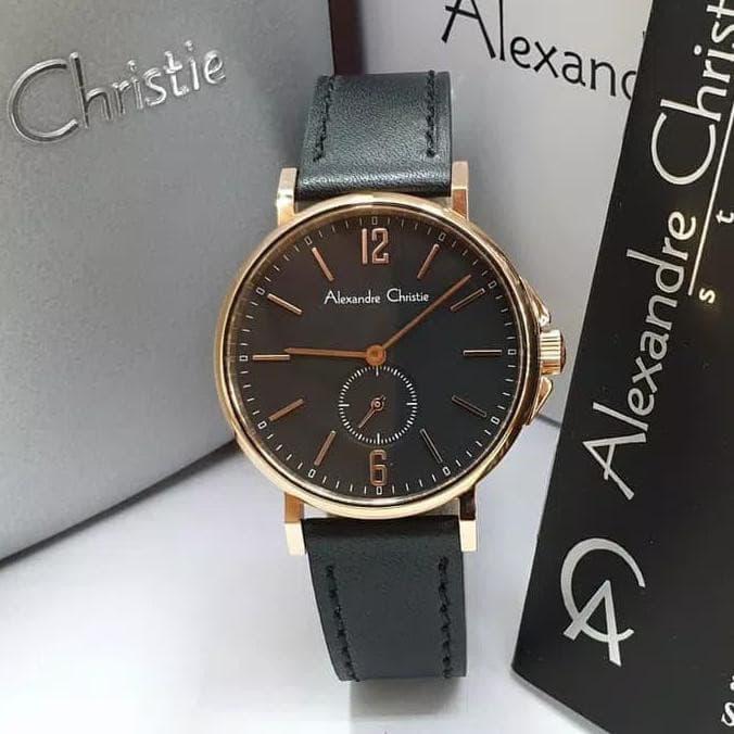 ALEXANDRE CHRISTIE AC8458 AC 8458 LEATHER BLACK ROSEGOLD Jam wanita