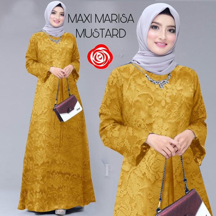 gamis marisa brukat mustard maxi dres baju muslim terbaru