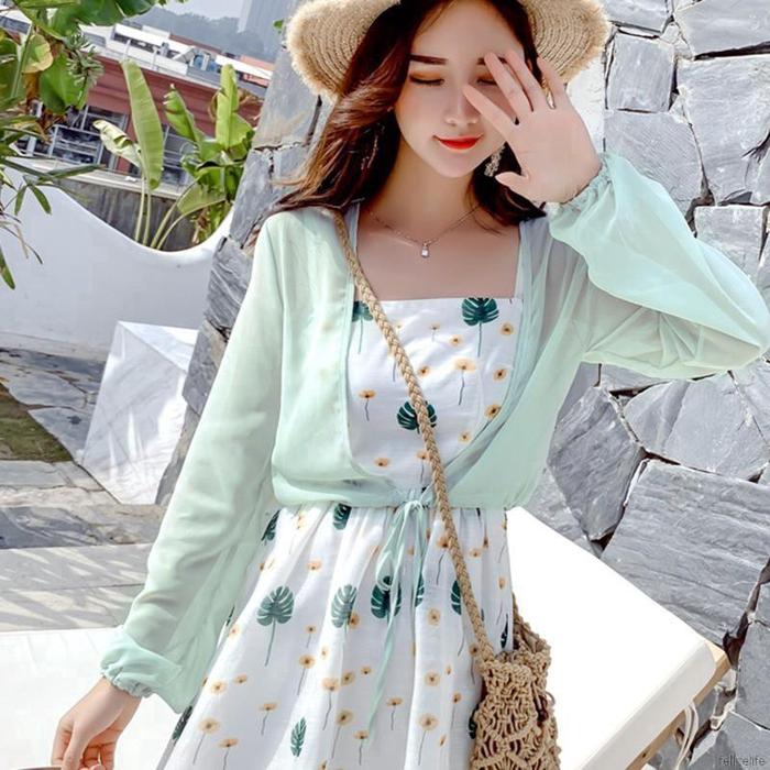 Cardigan Kimono Sifon Longgar Lengan Panjang Warna Polos