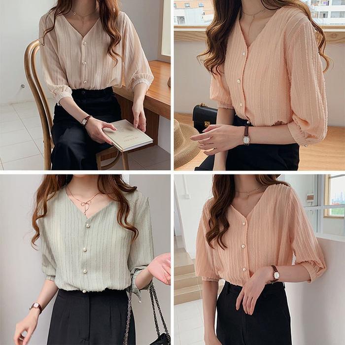 Blus V-Neck Lengan Puff Pendek Bahan Sifon