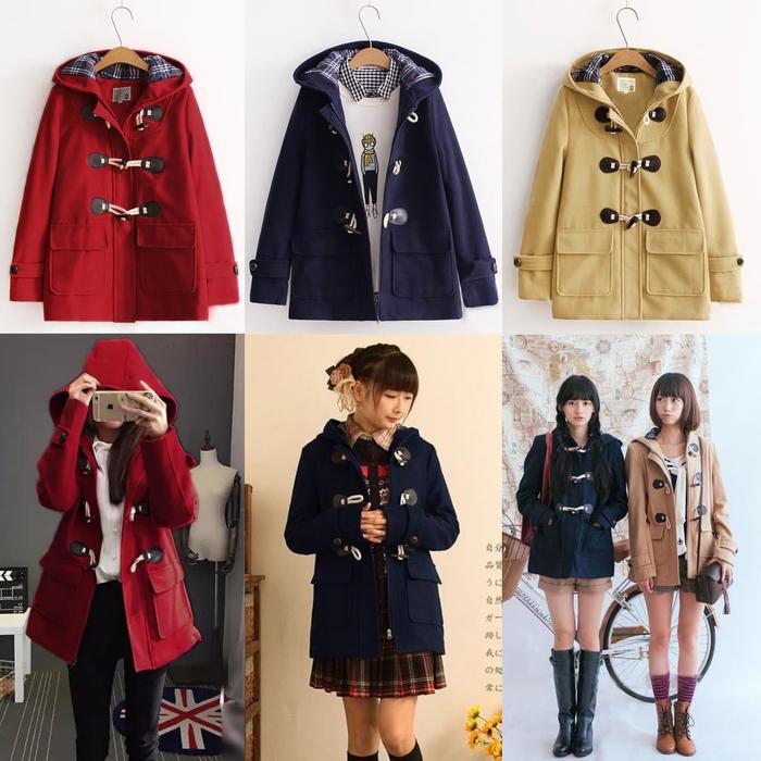 Japan Student Coat Jaket Jepang Fleece Maroon Panjang Wanita Oversize Navy Basic Casual Mantel Basic