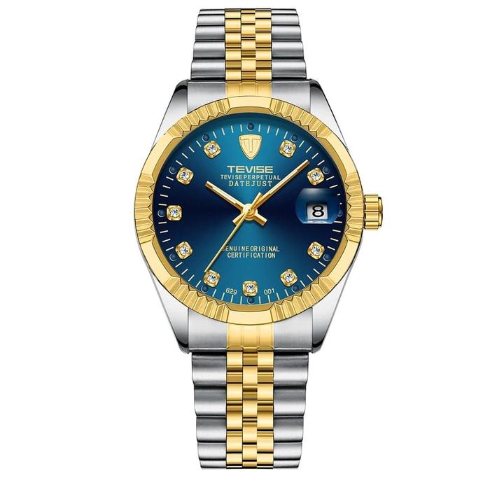 Jam Tangan Mekanik Automatic Tevise Date Silver Gold Blue